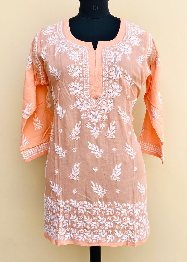 Lucknowi Chikankari Short Kurti Peach Modal Cotton