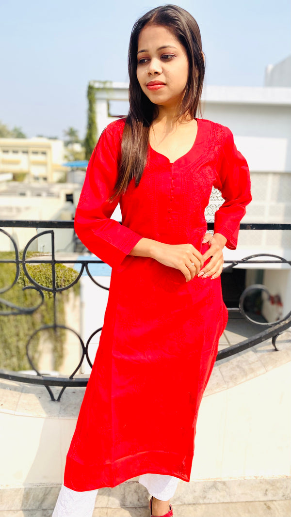 Lucknowi Chikankari Kurti Red Cotton with Self work