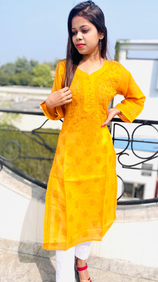 Lucknowi Chikankari Kurti Yellow Cotton with Self work