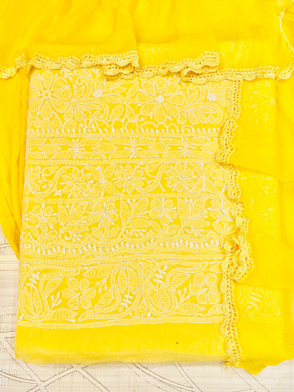 Lucknowi Chikankari Suit Length 3 Piece yellow Cotton