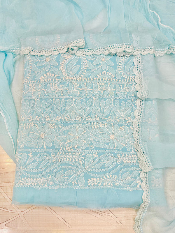 Lucknowi Chikankari Suit Length 3 Piece Blue Cotton