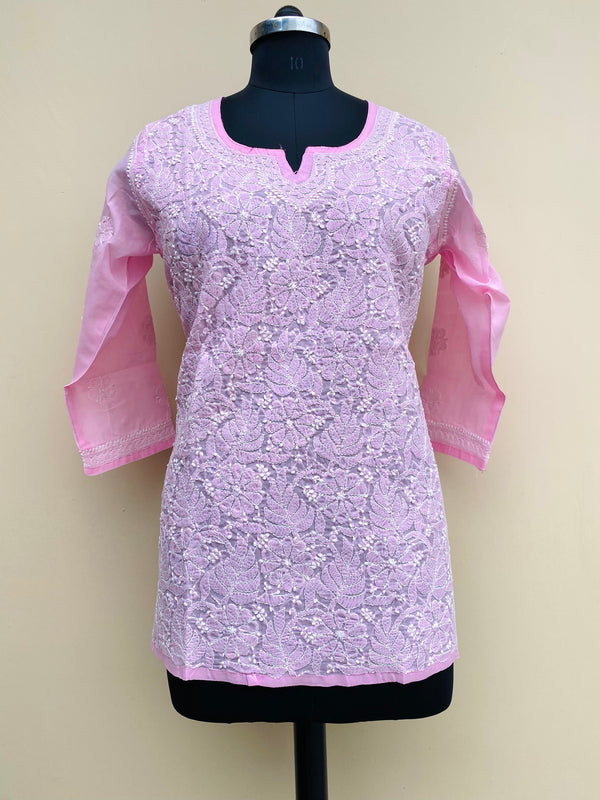 Lucknowi Chikankari Short Kurti Pink Cotton