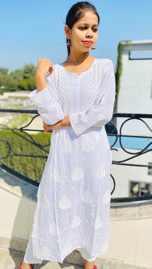 Lucknowi Chikankari Kurti White On White Modal Cotton