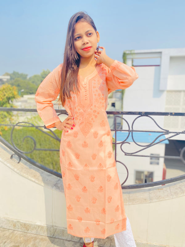 Lucknowi Chikankari Kurti Peach Cotton with Self work