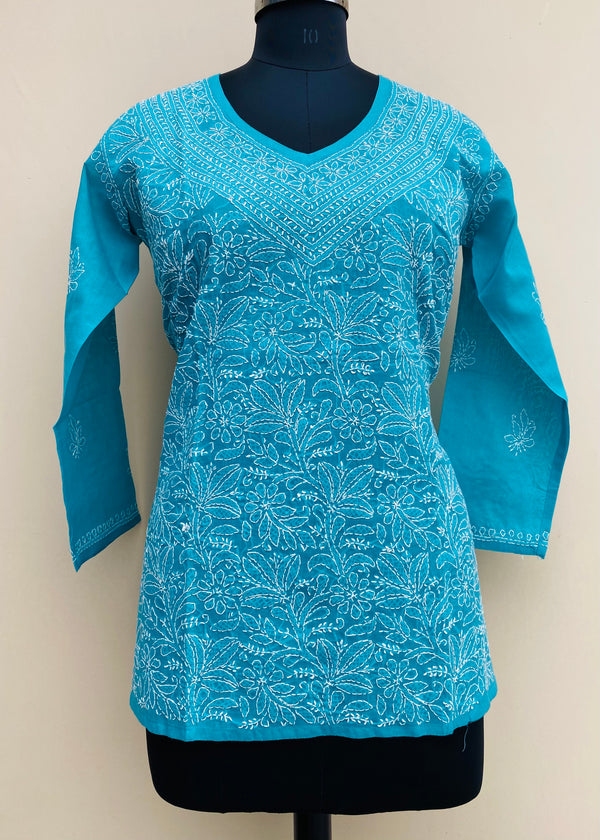 Lucknowi Chikankari Short Kurti Blue Cotton