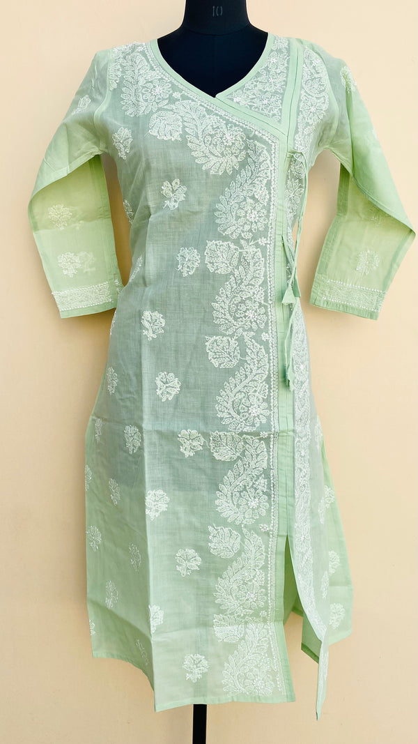 Lucknowi Chikankari Angrakha Kurti Teal Green Cotton