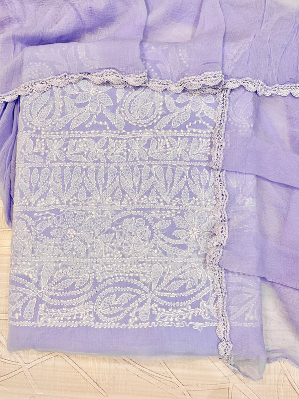 Lucknowi Chikankari Suit Length 3 Piece Purple Cotton