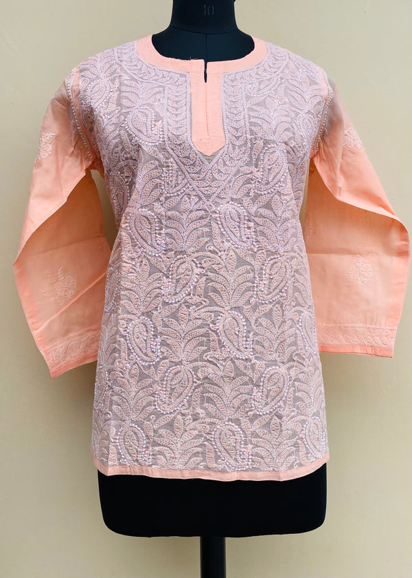 Lucknowi Chikankari Short Kurti Peach Cotton