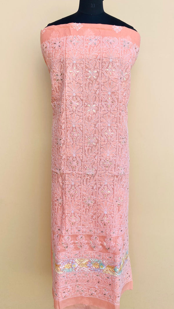 Lucknowi Chikankari Kurta Length Peach Cotton with Gotta Patti Work