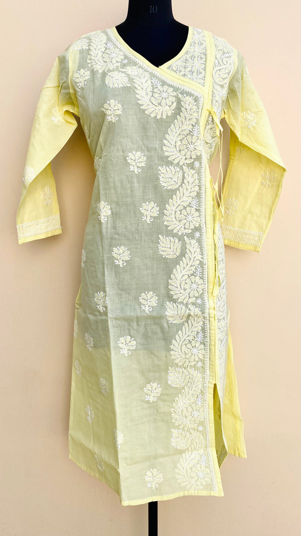 Lucknowi Chikankari Angrakha Kurti Lemon Yellow Cotton