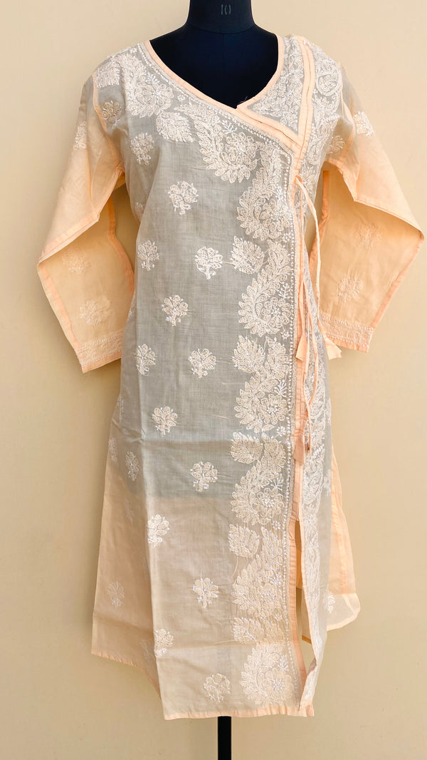 Lucknowi Chikankari Angrakha Kurti Peach Cotton