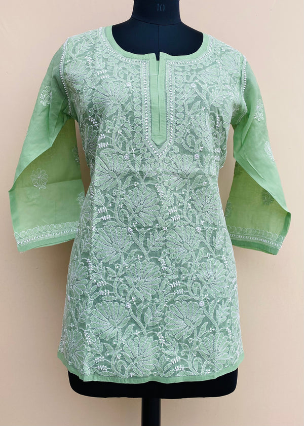 Lucknowi Chikankari Short Kurti Green Cotton