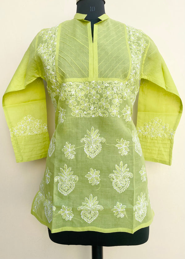 Lucknowi Chikankari Short Kurti Mehandi Green Cotton