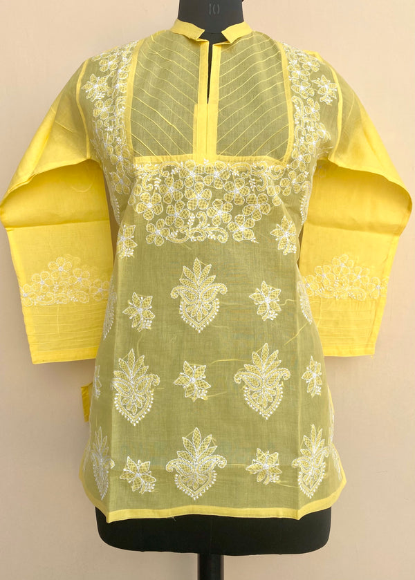 Lucknowi Chikankari Short Kurti Yellow Cotton