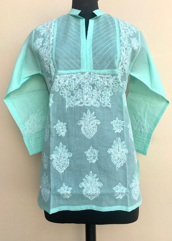 Lucknowi Chikankari Short Kurti Sea Green Cotton