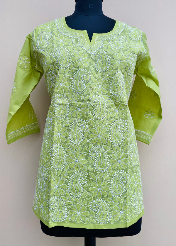 Lucknowi Chikankari Short Kurti Green Cotton