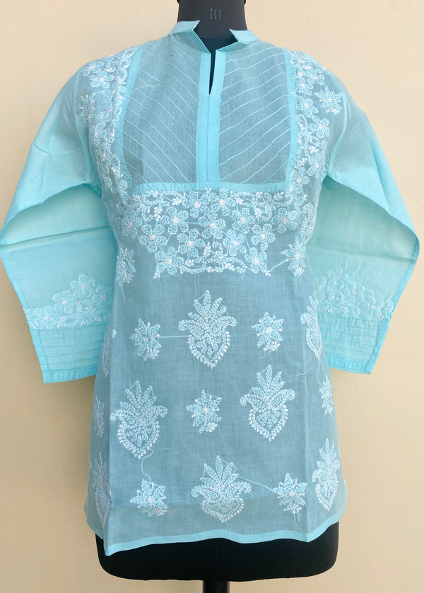 Lucknowi Chikankari Short Kurti Blue Cotton