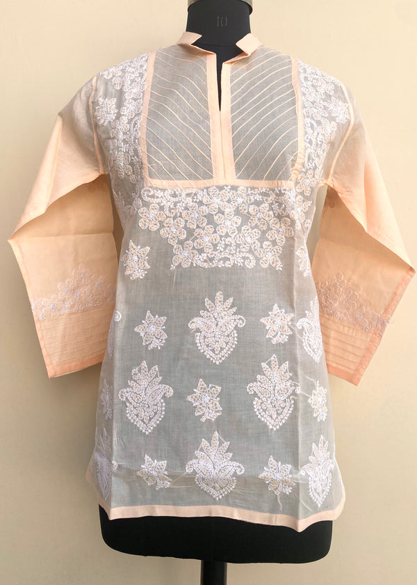 Lucknowi Chikankari Short Kurti Peach Cotton