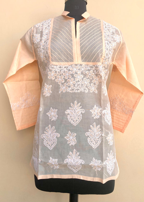 Lucknowi Chikankari Short Kurti Peach Cotton