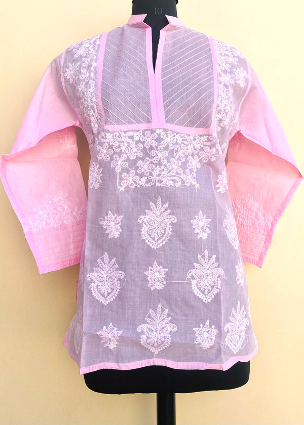 Lucknowi Chikankari Short Kurti Pink Cotton