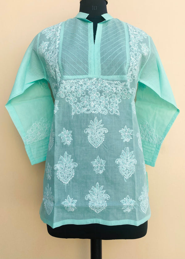 Lucknowi Chikankari Short Kurti Sea Green Cotton