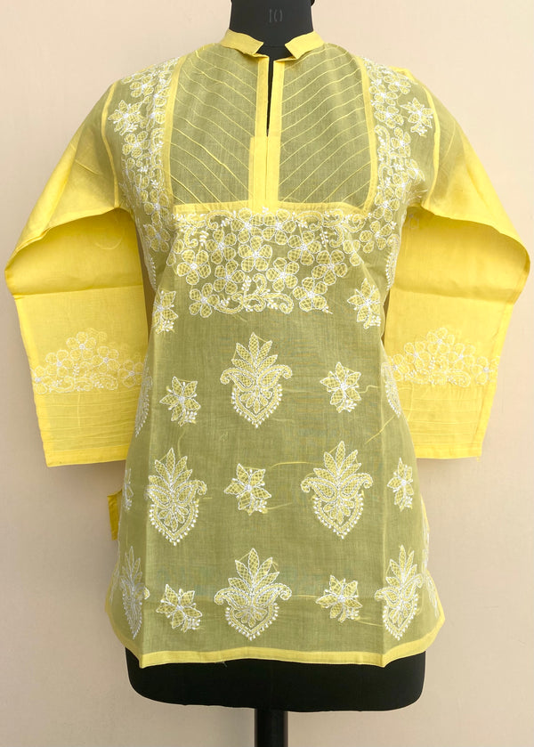 Lucknowi Chikankari Short Kurti Yellow Cotton