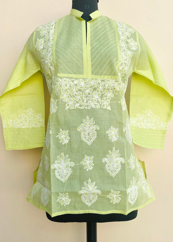 Lucknowi Chikankari Short Kurti Pista Green Cotton