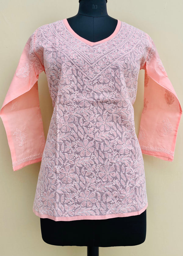 Lucknowi Chikankari  Short Kurti Peach Cotton