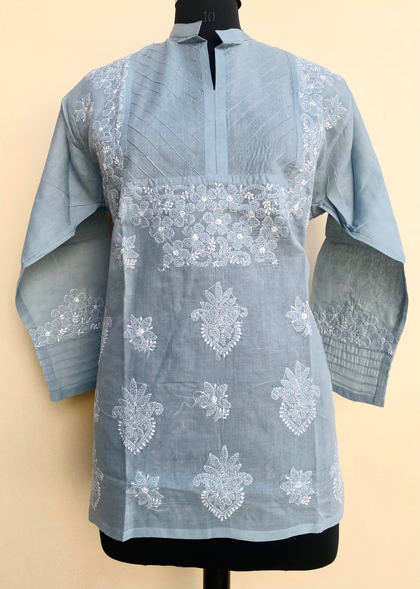 Lucknowi Chikankari Short Kurti Gray Cotton