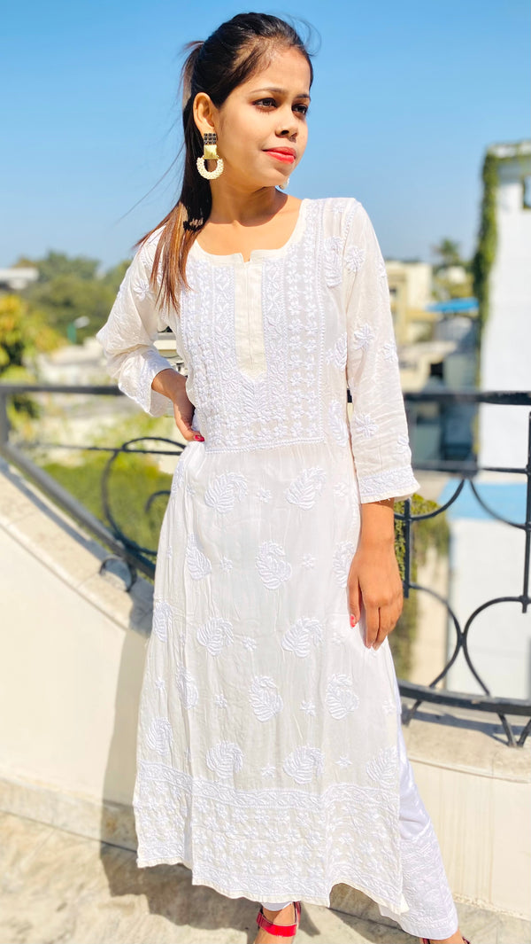 Lucknowi Chikankari Kurti Off White Modal Cotton