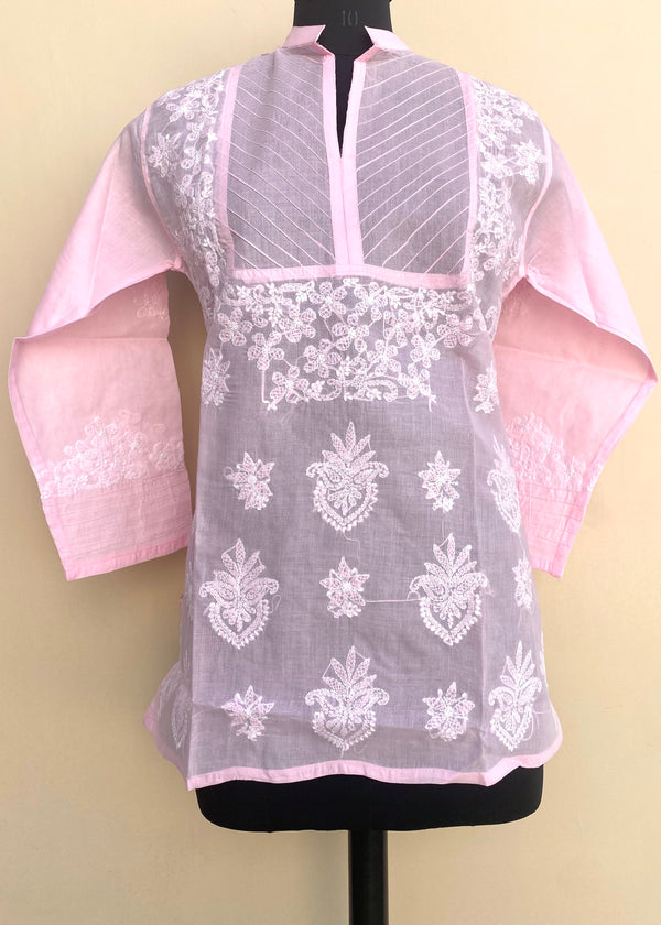 Lucknowi Chikankari Short Kurti Pink Cotton