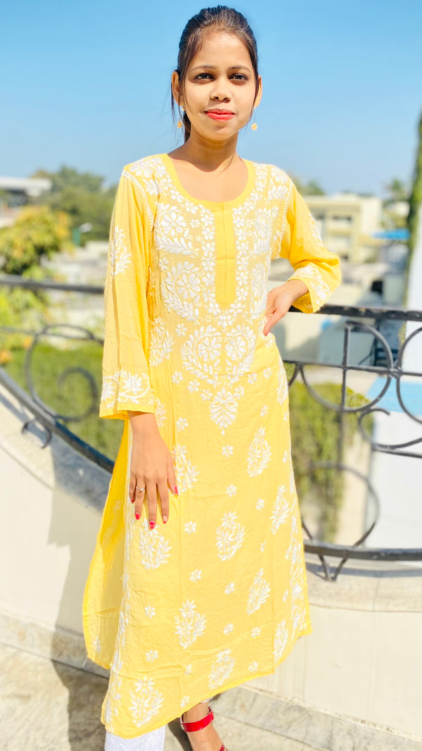 Lucknowi Chikankari Kurti Yellow Modal Cotton