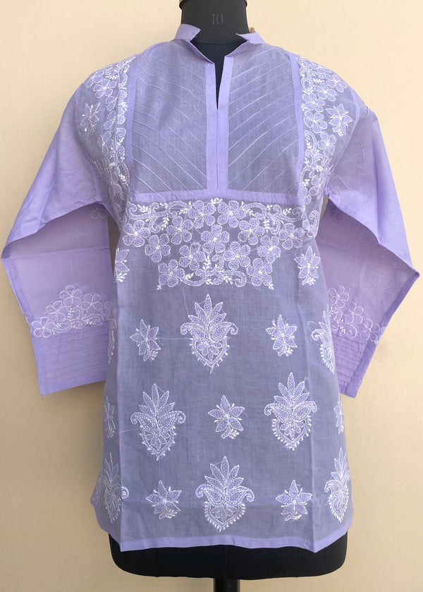 Lucknowi Chikankari Short Kurti Purple Cotton