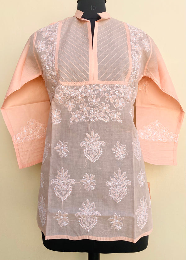 Lucknowi Chikankari Short Kurti Peach Cotton