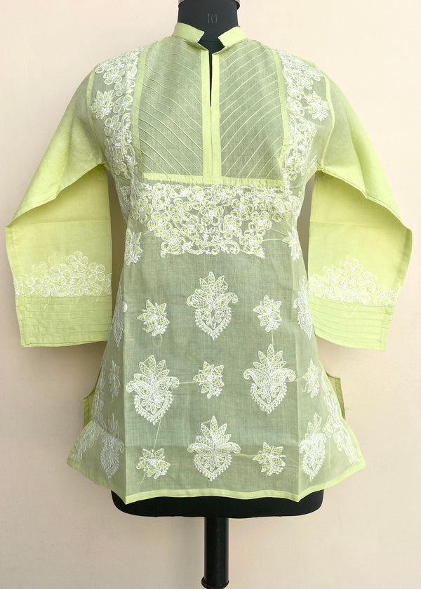 Lucknowi Chikankari Short Kurti Pista Green Cotton