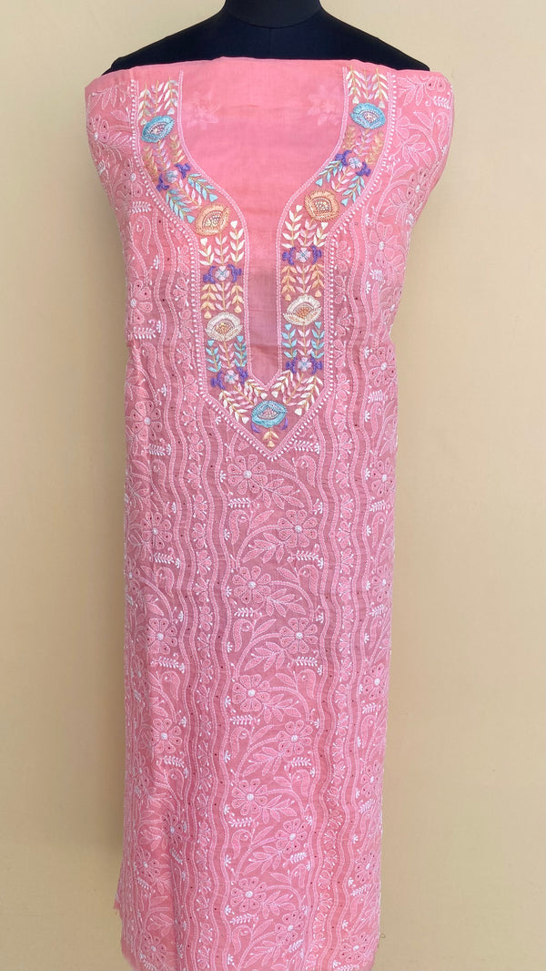 Lucknowi Chikankari Kurta Length Pink Cotton with Parsi Work & Mukaish Work