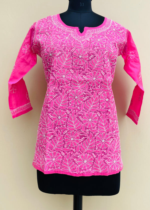 Lucknowi Chikankari Short Kurti Pink Cotton