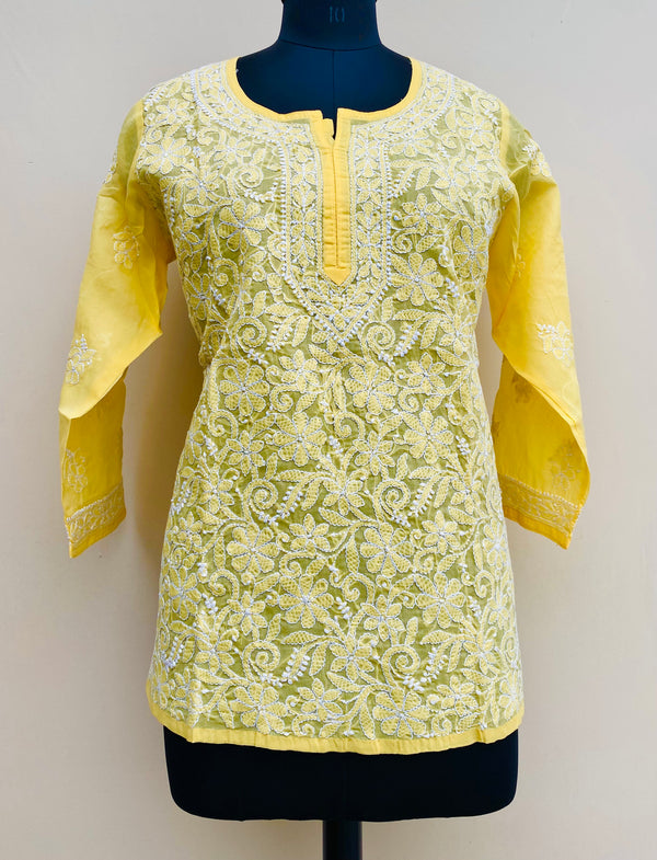 Lucknowi Chikankari Short Kurti Yellow Cotton