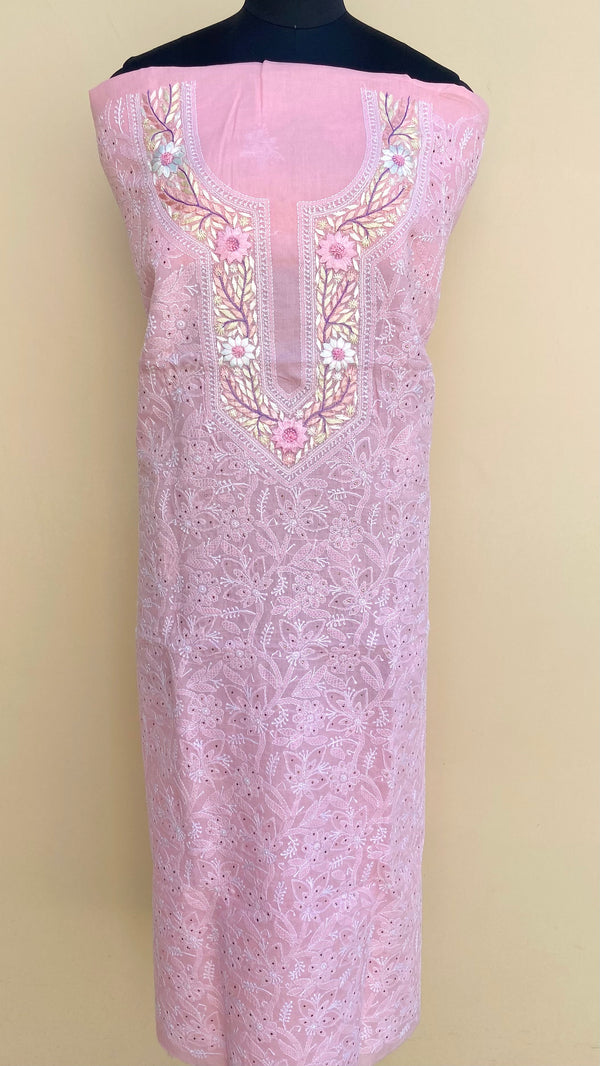 Lucknowi Chikankari Kurta Length Pink Cotton with Parsi Work & Mukaish Work