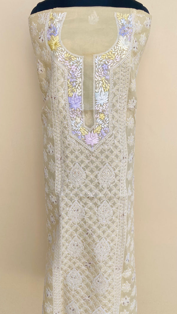 Lucknowi Chikankari Kurta Length Beige Cotton with Parsi Work & Gotta Patti Work