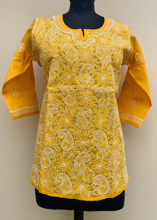 Lucknowi Chikankari Short Kurti Mustard Cotton