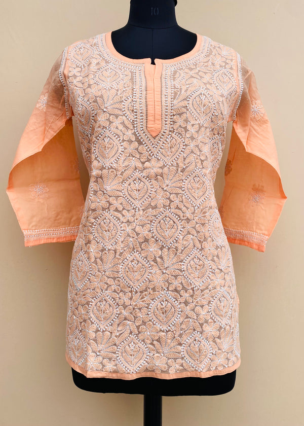 Lucknowi Chikankari Short Kurti Peach Cotton