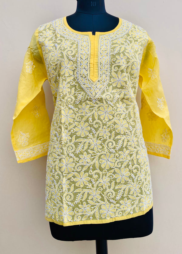 Lucknowi Chikankari Short Kurti Yellow Cotton