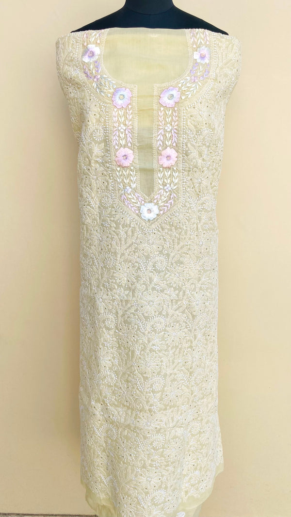 Lucknowi Chikankari Kurta Length Beige Cotton with Parsi Work & Mukaish Work