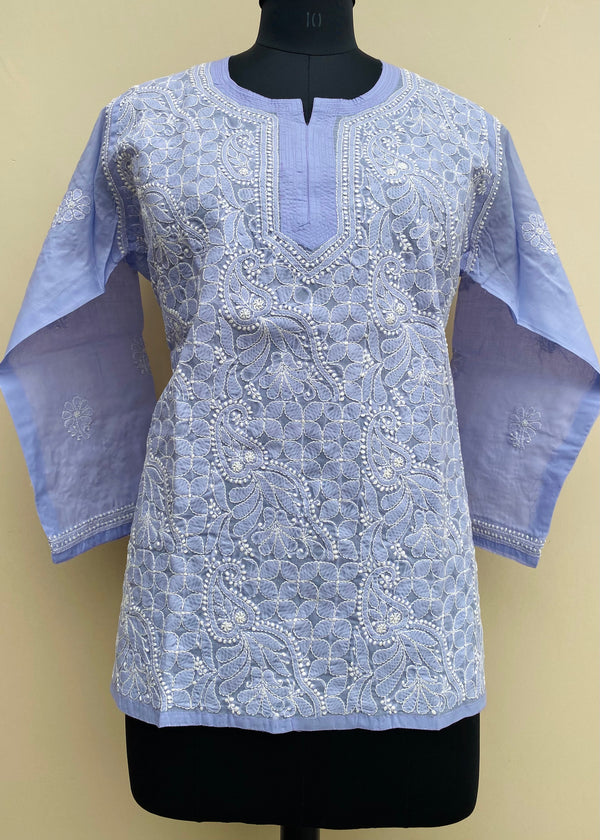 Lucknowi Chikankari Short Kurti Purple Cotton