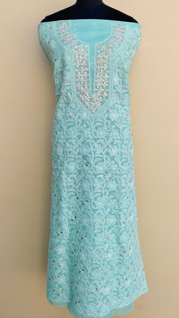 Lucknowi Chikankari Kurta Length Sea Green Cotton With Pearl Work & Gotta Patti Work