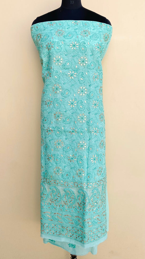 Lucknowi Chikankari Kurta Length Sea Green Cotton Gotta Patti Work