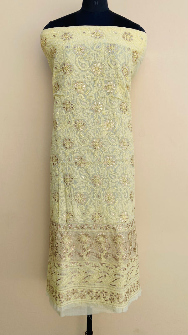 Lucknowi Chikankari Kurta Length Yellow Cotton with Gotta Patti Work