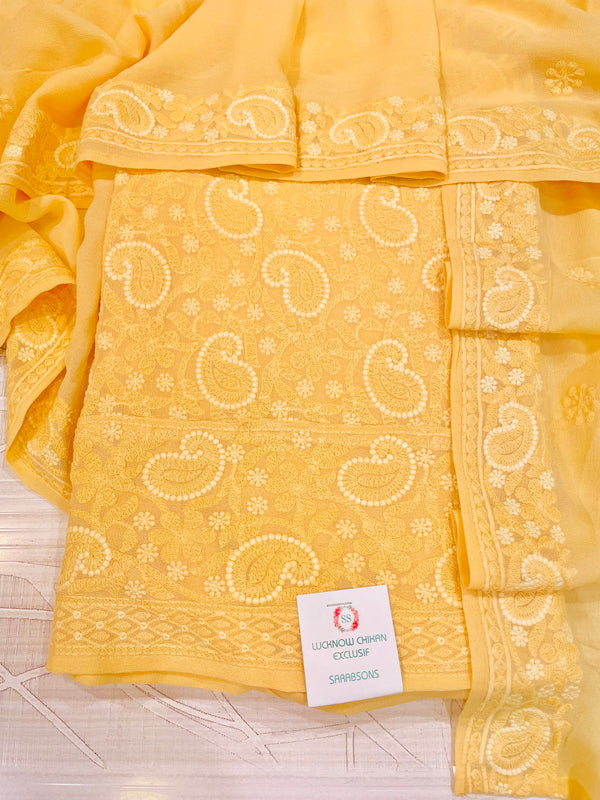 Chikankari Suit Length 3 Piece Yellow  Pure Georgette