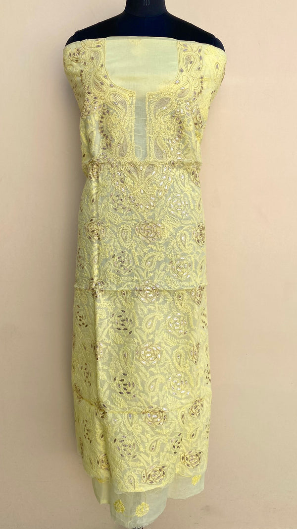 Lucknowi Chikankari Kurta Length Yellow Cotton with Gotta Patti Work